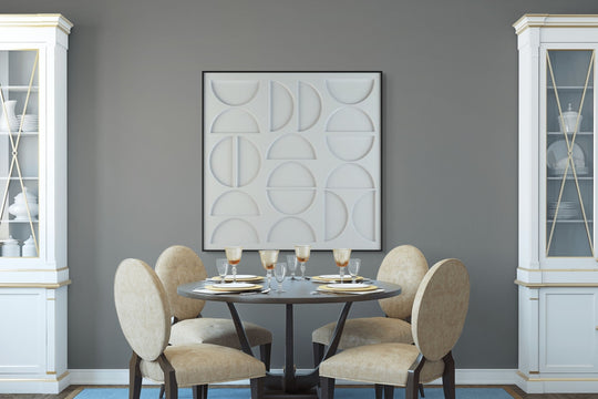 akoestisch schilderij | akoestisch kunstwerk | gebroken wit | 3D | Moonie | Pet vilt | vierkant | eetkamer