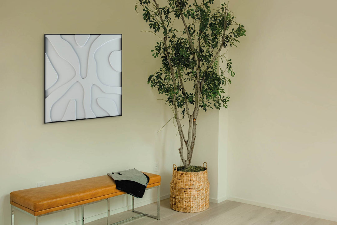 akoestisch schilderij | akoestisch kunstwerk | gebroken wit | 3D | Splash | Pet vilt | vierkant | bank