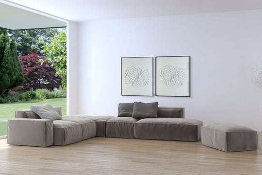 akoestisch schilderij | akoestisch kunstwerk | gebroken wit | 3D | Wave | Pet vilt | twee | twin | vierkant | moderne woonkamer