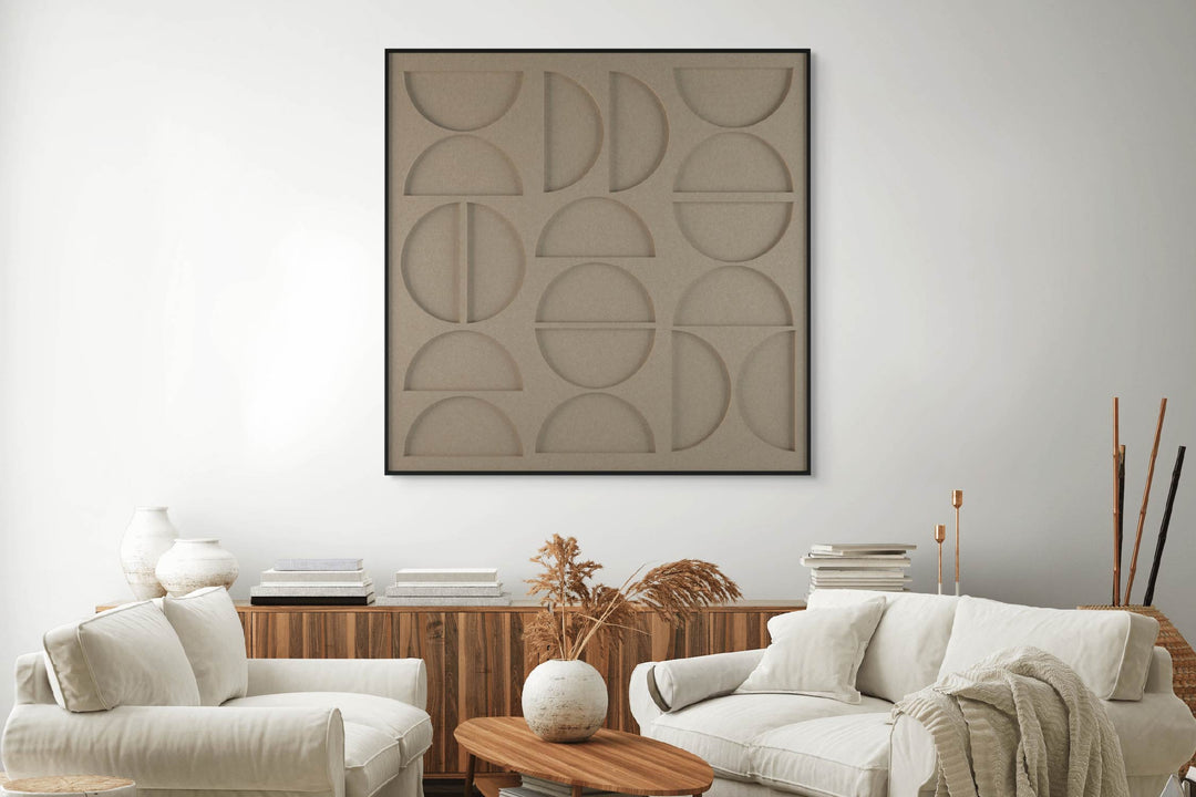 akoestisch schilderij | akoestisch kunstwerk | zand | 3D | Moonie | Pet vilt | vierkant | zithoek