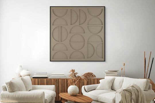 akoestisch schilderij | akoestisch kunstwerk | zand | 3D | Moonie | Pet vilt | vierkant | zithoek