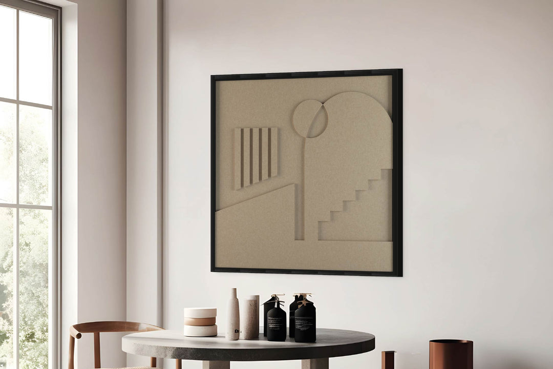 akoestisch schilderij | akoestisch kunstwerk | zand | 3D | Placetobe | Pet vilt | vierkant | eettafel