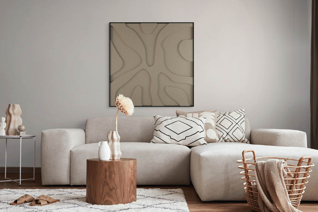 akoestisch schilderij | akoestisch kunstwerk | zand | 3D | Splash | Pet vilt | vierkant | woonkamer