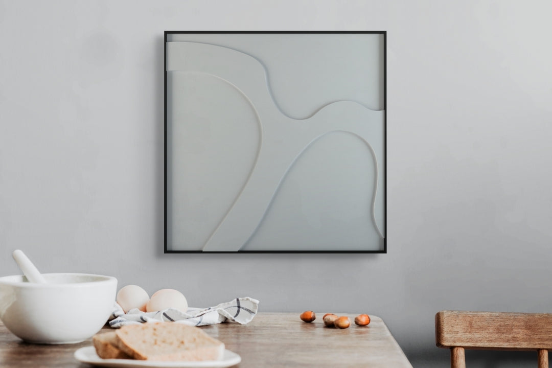 akoestisch schilderij | akoestisch kunstwerk | gebroken wit | 3D | Cow | Pet vilt | vierkant | eetkamer