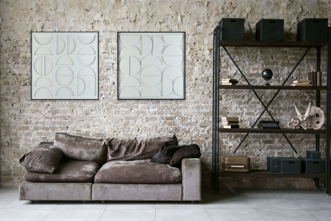 akoestisch schilderij | akoestisch kunstwerk | gebroken wit | 3D | Moonie | Pet vilt | twee | twin | vierkant | robuuste woonkamer