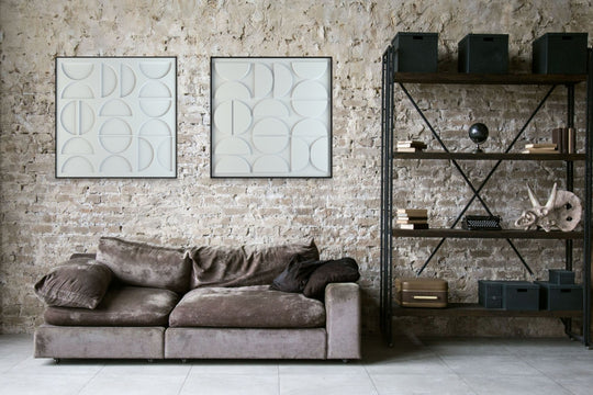 akoestisch schilderij | akoestisch kunstwerk | gebroken wit | 3D | Moonie | Pet vilt | twee | twin | vierkant | robuuste woonkamer