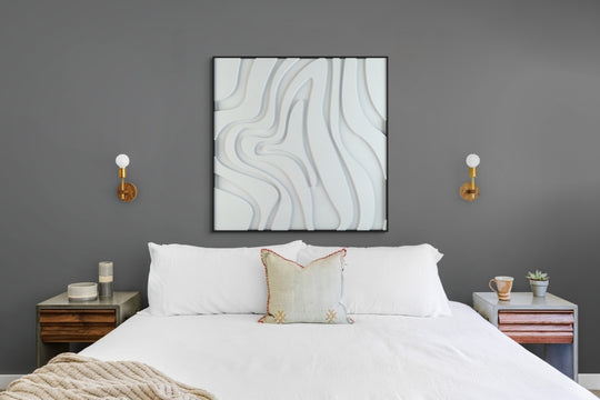 akoestisch schilderij | akoestisch kunstwerk | gebroken wit | 3D | Spinning | Pet vilt | vierkant | slaapkamer