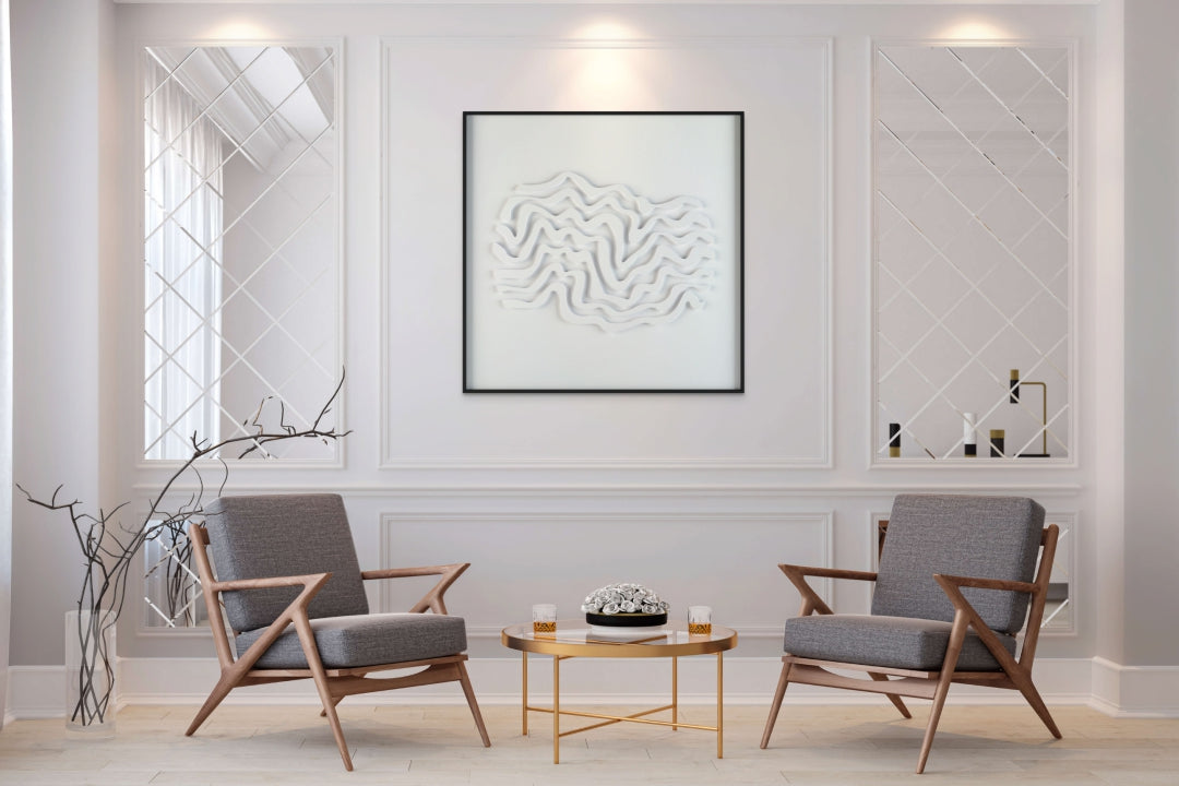 akoestisch schilderij | akoestisch kunstwerk | gebroken wit | 3D | Wave | Pet vilt | vierkant | zithoek