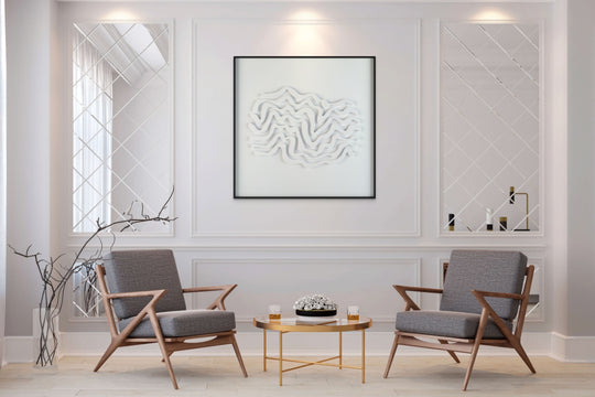 akoestisch schilderij | akoestisch kunstwerk | gebroken wit | 3D | Wave | Pet vilt | vierkant | zithoek