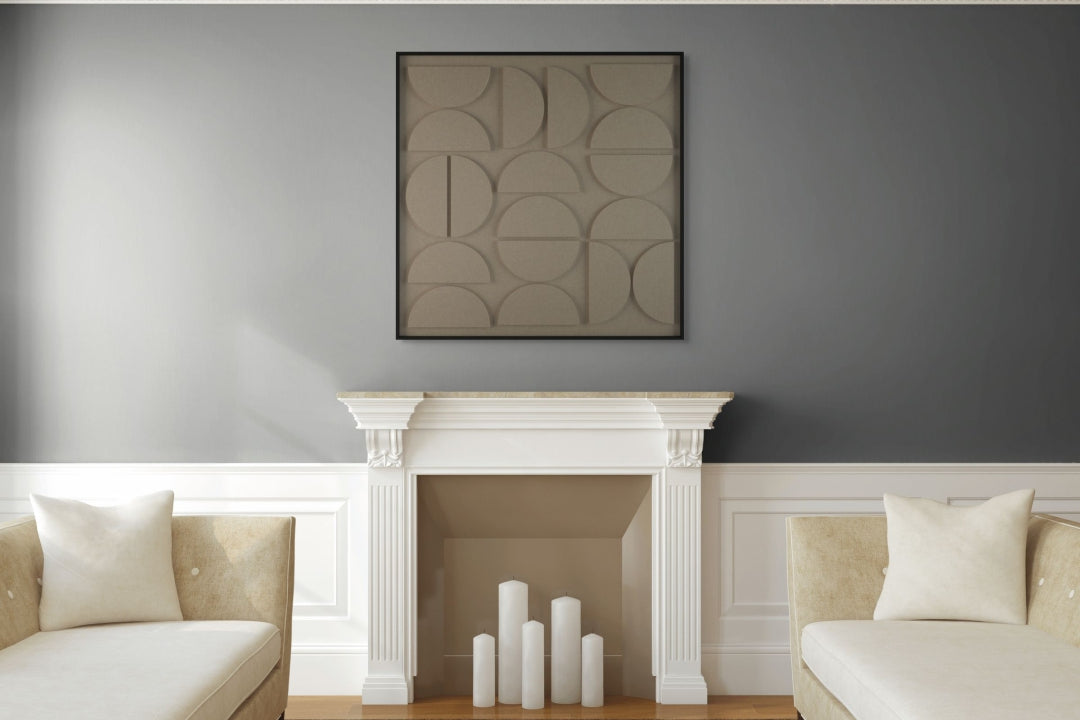 akoestisch schilderij | akoestisch kunstwerk | zand | 3D | Moonie | Pet vilt | vierkant | woonkamer