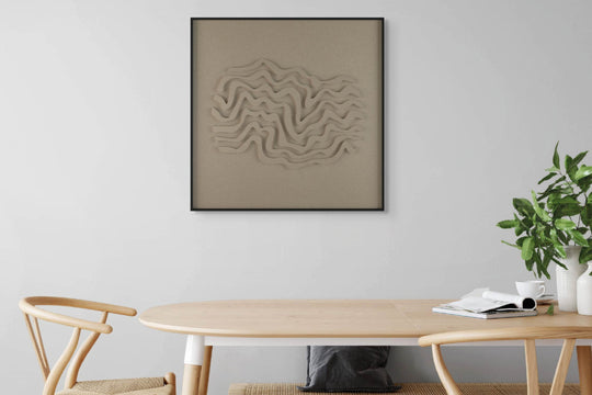 akoestisch schilderij | akoestisch kunstwerk | zand | 3D | Wave | Pet vilt | vierkant | tafel met stoelen