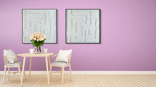 akoestisch schilderij | akoestisch kunstwerk | gebroken wit | 3D | Flexible | Pet vilt | twee | twin | vierkant | tafel met stoelen