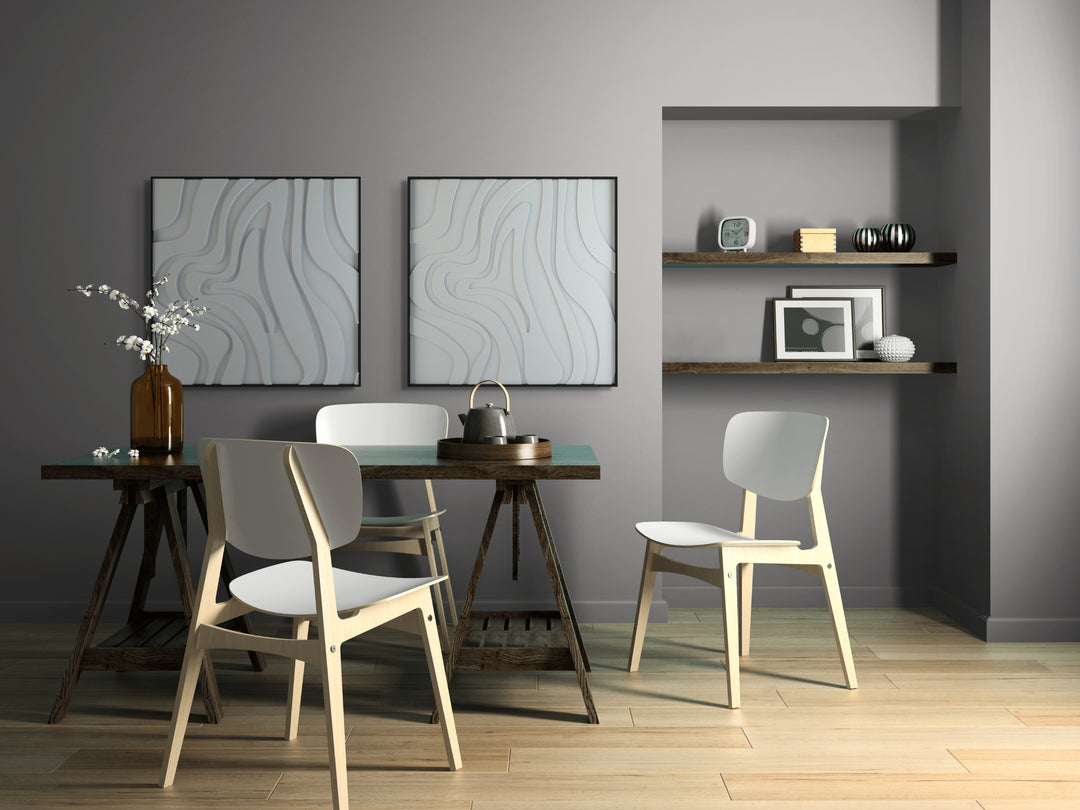 akoestisch schilderij | akoestisch kunstwerk | gebroken wit | 3D | Spinning | Pet vilt | twee | twin | vierkant | tafel met stoelen