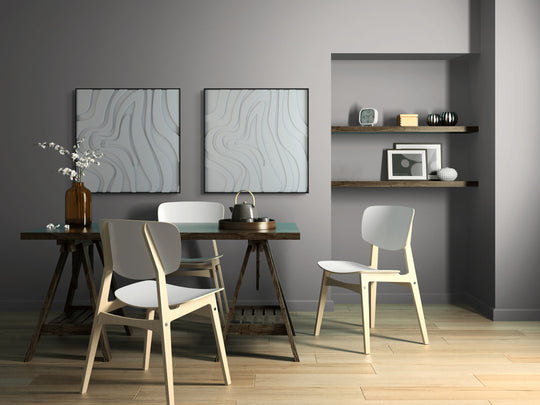 akoestisch schilderij | akoestisch kunstwerk | gebroken wit | 3D | Spinning | Pet vilt | twee | twin | vierkant | tafel met stoelen