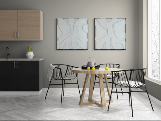 akoestisch schilderij | akoestisch kunstwerk | gebroken wit | 3D | Splash | Pet vilt | twee | twin | vierkant | eethoek