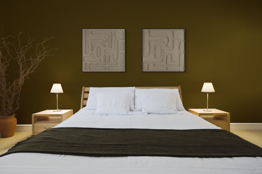 akoestisch schilderij | akoestisch kunstwerk | zand | 3D | Flexible | Pet vilt | twee | twin | vierkant | slaapkamer