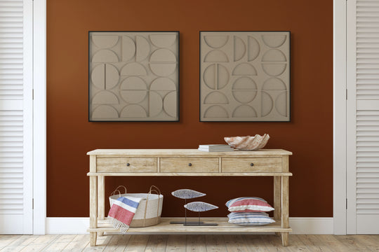 akoestisch schilderij | akoestisch kunstwerk | zand | 3D | Moonie | Pet vilt | twee | twin | vierkant | dressoir