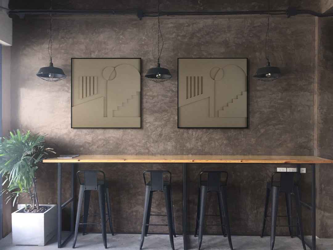 akoestisch schilderij | akoestisch kunstwerk | zand | 3D | Placetobe | Pet vilt | twee | twin | vierkant | bar