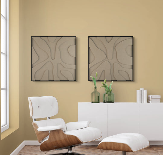 akoestisch schilderij | akoestisch kunstwerk | zand | 3D | Splash | Pet vilt | twee | twin | vierkant | zithoek