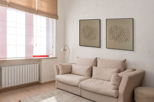 akoestisch schilderij | akoestisch kunstwerk | zand | 3D | Wave | Pet vilt | twee | twin | vierkant | woonkamer