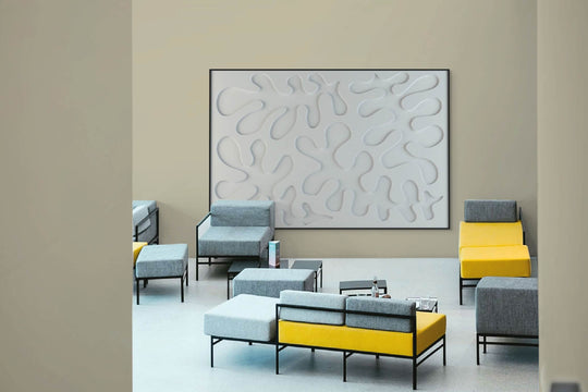 akoestisch schilderij | akoestisch kunstwerk | gebroken wit | 3D | Leaves | Pet vilt | liggend | rechthoekig | moderne woonkamer