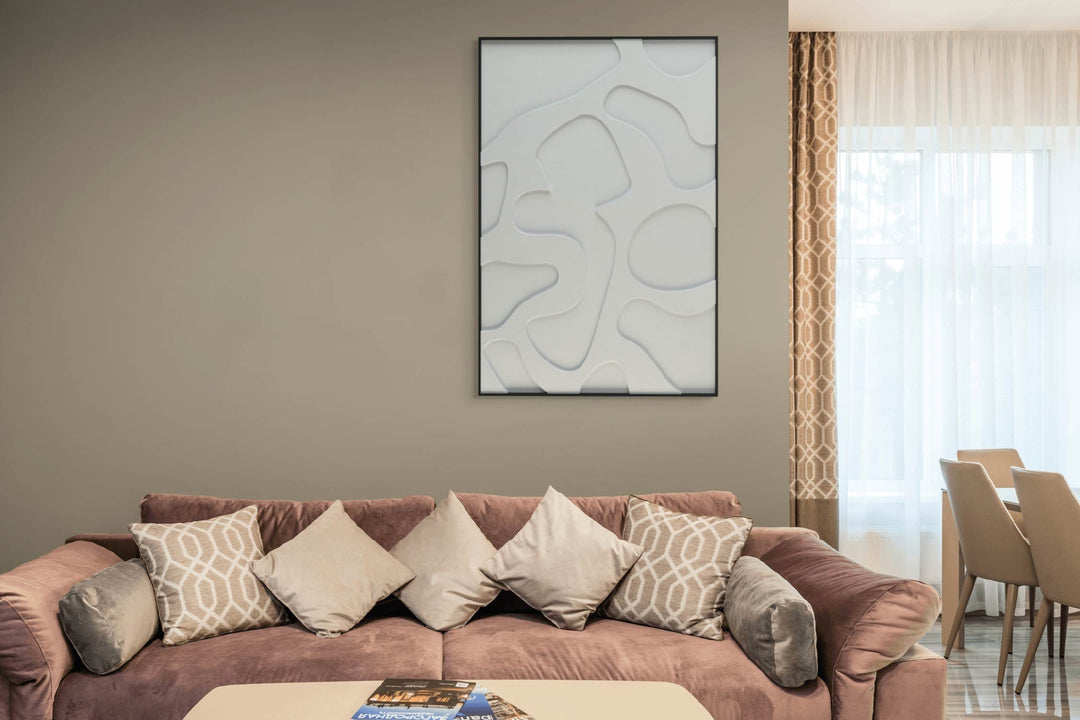 akoestisch schilderij | akoestisch kunstwerk | gebroken wit | 3D | Party | Pet vilt | staand | rechthoekig | woonkamer