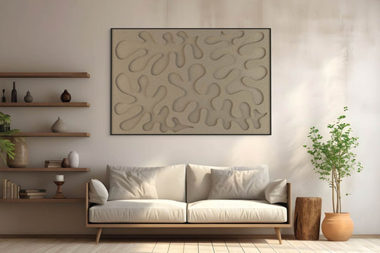 akoestisch schilderij | akoestisch kunstwerk | zand | 3D | Leaves | Pet vilt | liggend | rechthoekig | woonkamer