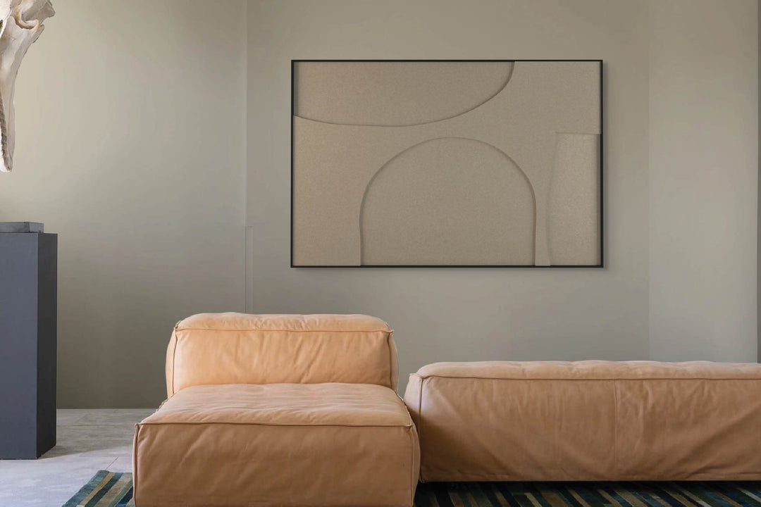 akoestisch schilderij | akoestisch kunstwerk | zand | 3D | Organic | Pet vilt | liggend | rechthoekig | woonkamer