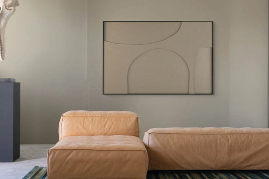 akoestisch schilderij | akoestisch kunstwerk | zand | 3D | Organic | Pet vilt | liggend | rechthoekig | woonkamer