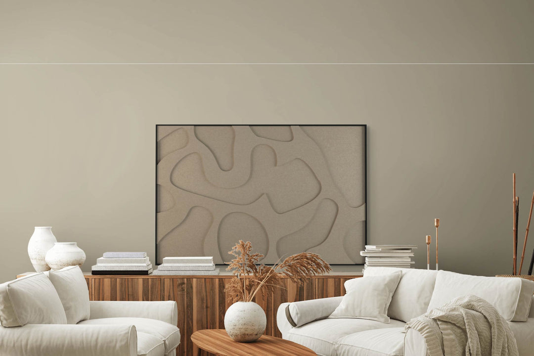 akoestisch schilderij | akoestisch kunstwerk | zand | 3D | Party | Pet vilt | liggend | rechthoekig | moderne woonkamer