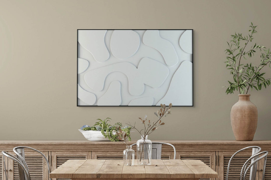 akoestisch schilderij | akoestisch kunstwerk | gebroken wit | 3D | Party | Pet vilt | liggend | rechthoekig | eethoek