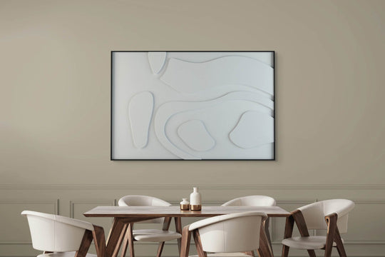 akoestisch schilderij | akoestisch kunstwerk | gebroken wit | 3D | People | Pet vilt | liggend | rechthoekig | eetkamer