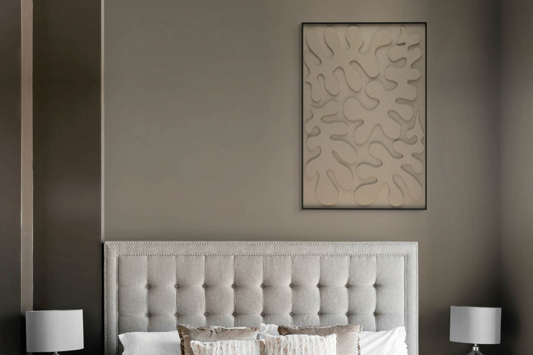 akoestisch schilderij | akoestisch kunstwerk | zand | 3D | Leaves | Pet vilt | staand | rechthoekig | slaapkamer