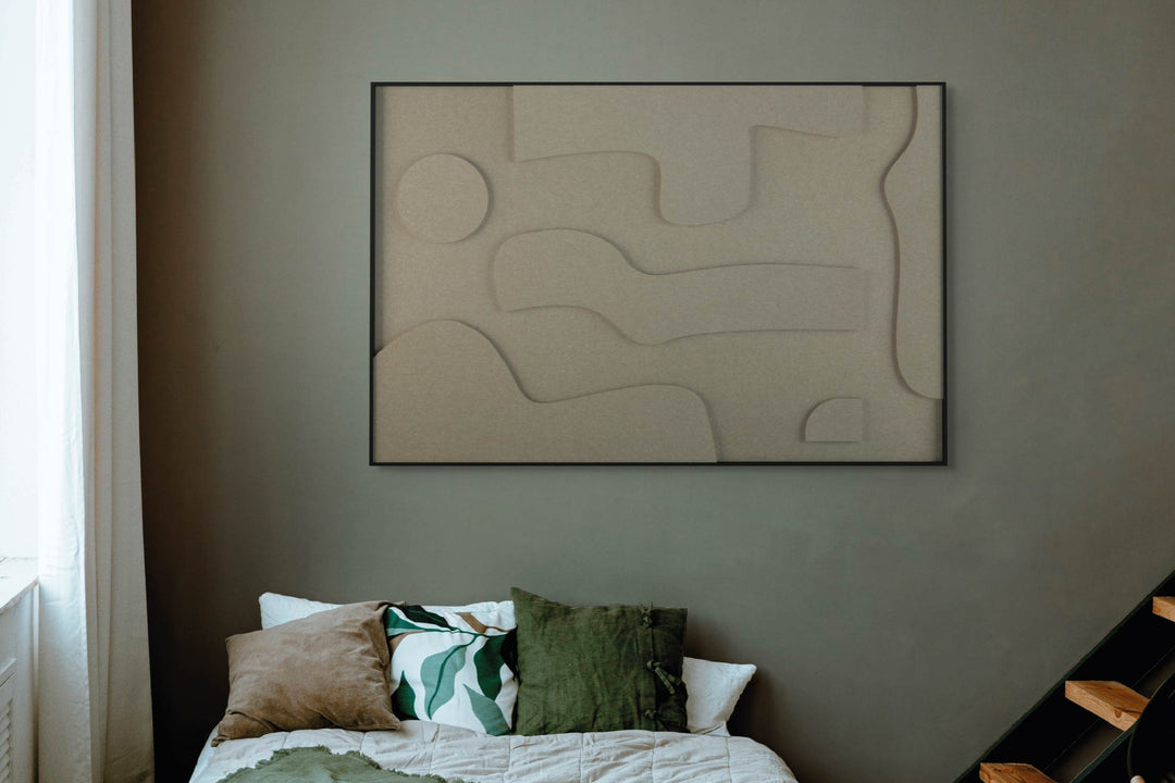 akoestisch schilderij | akoestisch kunstwerk | zand | 3D | Liv | Pet vilt | liggend | rechthoekig | slaapkamer