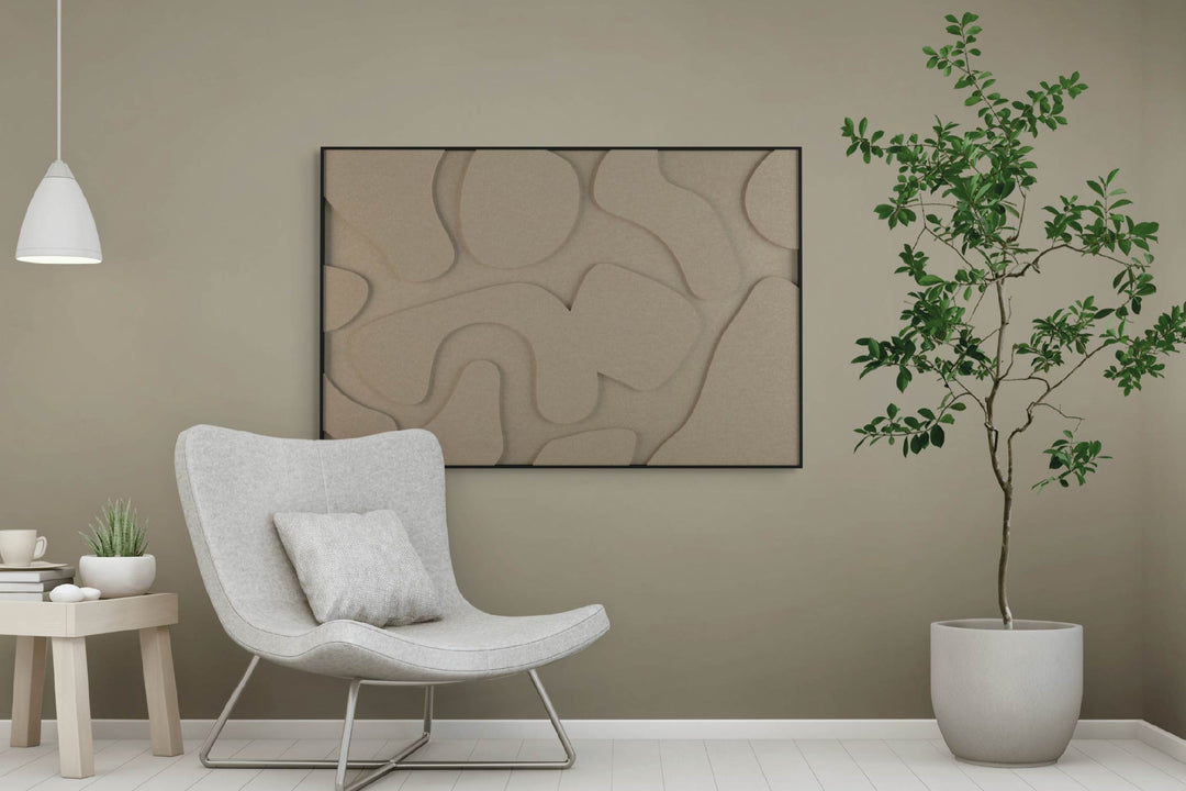 akoestisch schilderij | akoestisch kunstwerk | gebroken wit | 3D | Party | Pet vilt | liggend | rechthoekig | zithoek