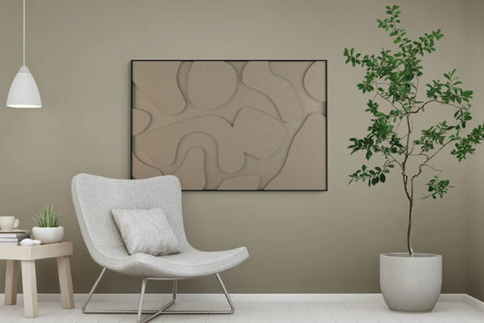 akoestisch schilderij | akoestisch kunstwerk | gebroken wit | 3D | Party | Pet vilt | liggend | rechthoekig | zithoek