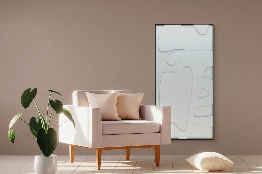 akoestisch schilderij | akoestisch kunstwerk | gebroken wit | 3D | Bone | Pet vilt | liggend | rechthoekig | stoel