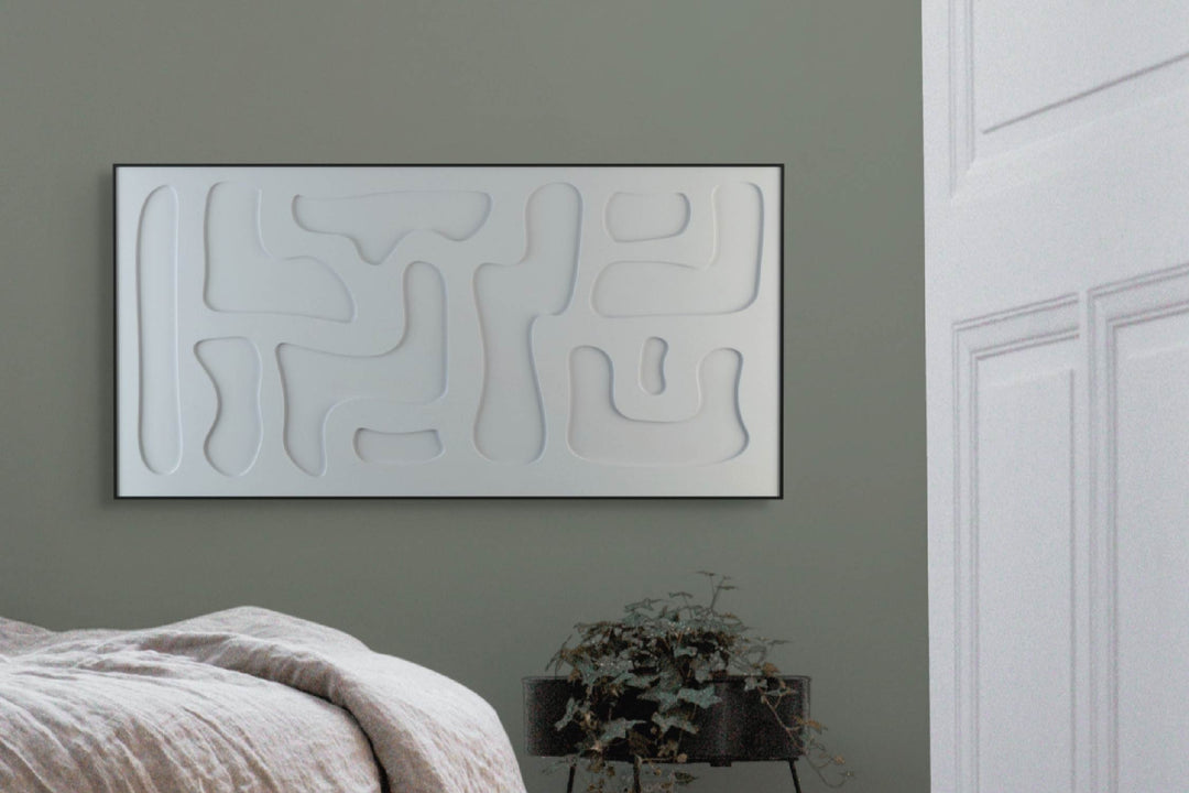 akoestisch schilderij | akoestisch kunstwerk | gebroken wit | 3D | Hieroglyph | Pet vilt | liggend | slaapkamer