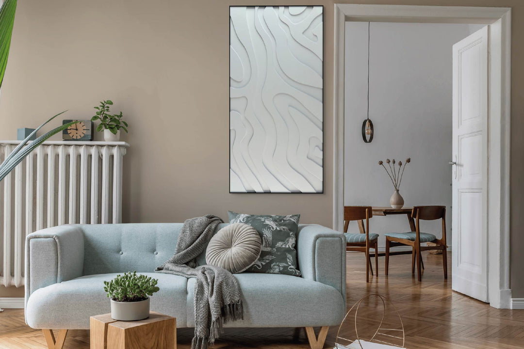 akoestisch schilderij | akoestisch kunstwerk | gebroken wit | 3D | Lava | Pet vilt | staand | rechthoekig | moderne woonkamer