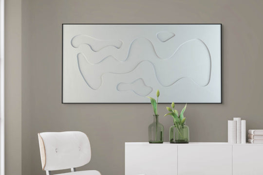 akoestisch schilderij | akoestisch kunstwerk | gebroken wit | 3D | Steam | Pet vilt | liggend | rechthoekig | dressoir