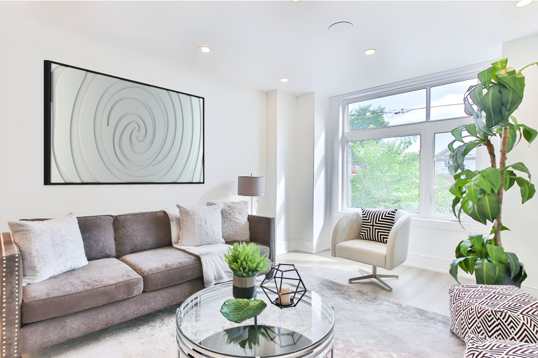 akoestisch schilderij | akoestisch kunstwerk | gebroken wit | 3D | Swirl | Pet vilt | liggend | rechthoekig | woonkamer