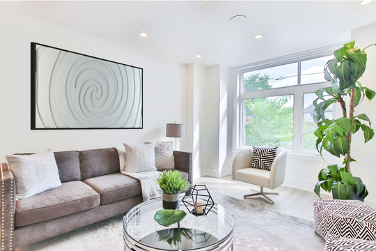 akoestisch schilderij | akoestisch kunstwerk | gebroken wit | 3D | Swirl | Pet vilt | liggend | rechthoekig | woonkamer