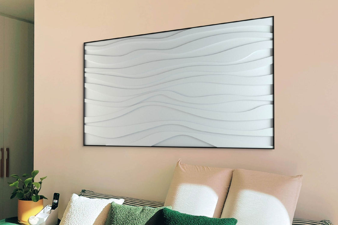 akoestisch schilderij | akoestisch kunstwerk | gebroken wit | 3D | Zebra | Pet vilt | liggend | rechthoekig | bank