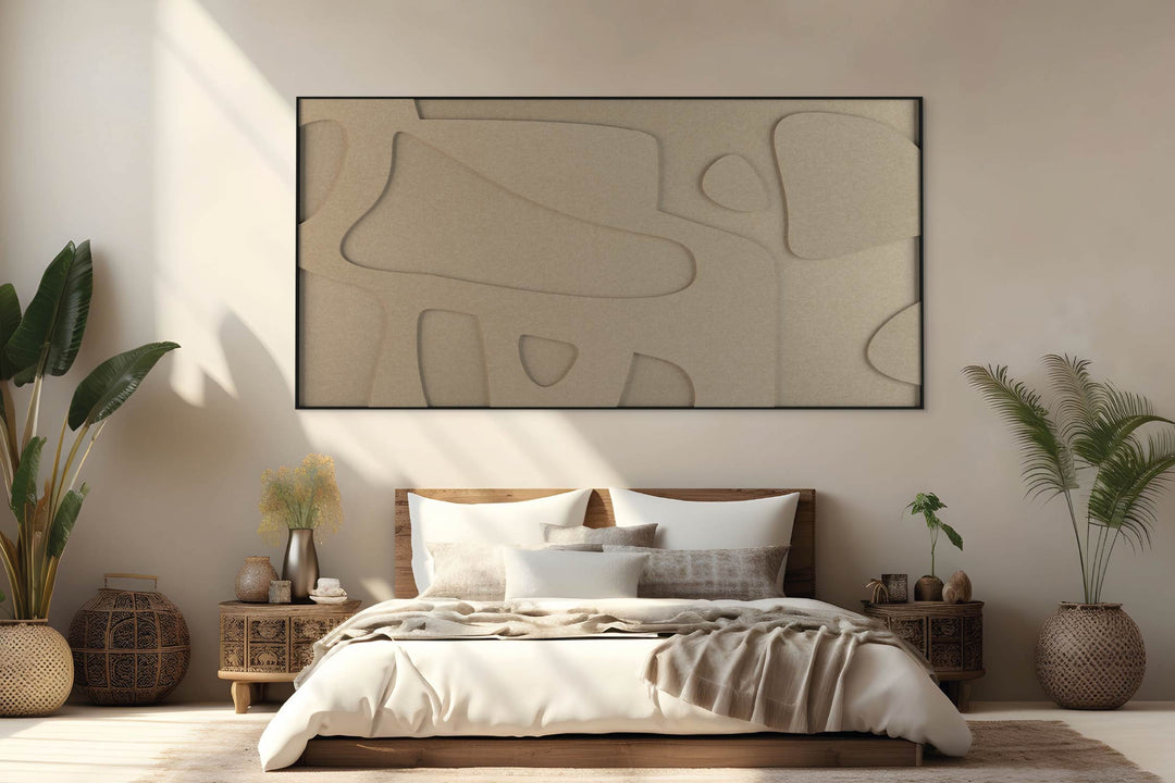 akoestisch schilderij | akoestisch kunstwerk | zand | 3D | Bone | Pet vilt | liggend | rechthoekig | slaapkamer