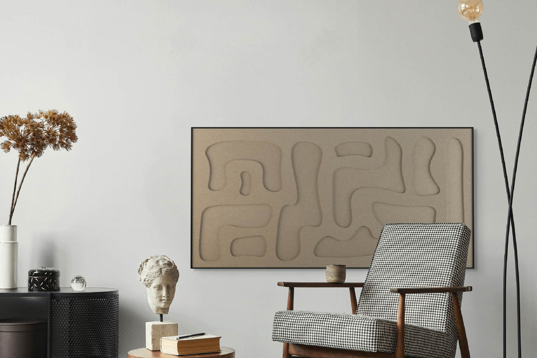 akoestisch schilderij | akoestisch kunstwerk | zand | 3D | Hieroglyph | Pet vilt | liggend | zithoek