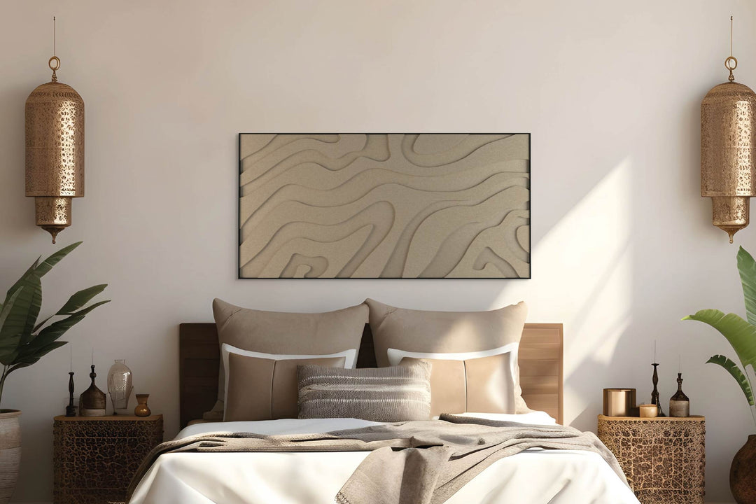 akoestisch schilderij | akoestisch kunstwerk | zand | 3D | Lava | Pet vilt | liggend | rechthoekig | slaapkamer