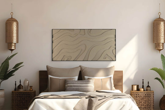 akoestisch schilderij | akoestisch kunstwerk | zand | 3D | Lava | Pet vilt | liggend | rechthoekig | slaapkamer