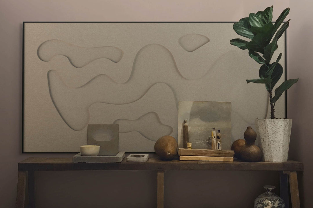 akoestisch schilderij | akoestisch kunstwerk | zand | 3D | Steam | Pet vilt | liggend | rechthoekig | dressoir