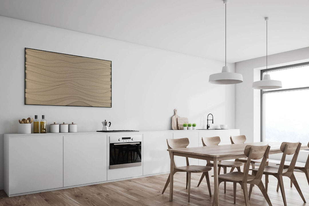 akoestisch schilderij | akoestisch kunstwerk | zand | 3D | Zebra | Pet vilt | liggend | rechthoekig | moderne keuken