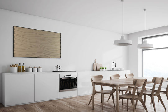 akoestisch schilderij | akoestisch kunstwerk | zand | 3D | Zebra | Pet vilt | liggend | rechthoekig | moderne keuken